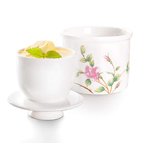 SIDUCAL Rose Butter Dish with Lid,Ceramic Butter Keeper Crock,Tabletop Butter Holder No More Hard Butter Farmhouse Butter Corck with Water, Soft and Spreadable Consistency