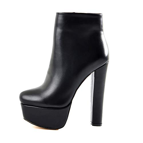 Yolkomo Women's Platform High Heeel Boots Ankle High Mid Calf Pullon Boots Stripper Super High Heel Pointed Toe PU High Chunky Heel Ankle Bootie Aritificial Leaher Black Size 9