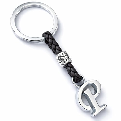 ASTER ALHELÍ - Llavero de Cuero con Iniciales Personalizado - Letras y abalorios de zamak Chapado en Plata - Llavero para Hombre o Mujer - Ideal para Regalo (P)