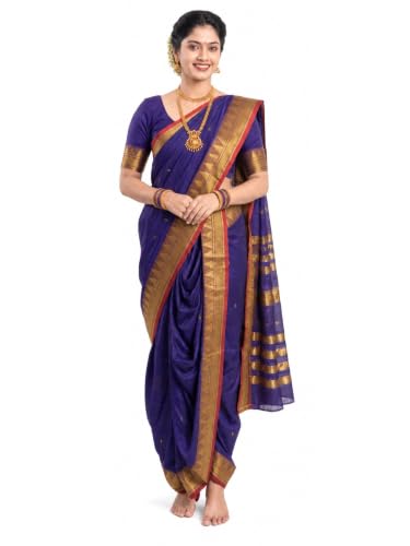 Image of Mom and Me Women Ready to Wear Nauvari Saree, Maharashtrian Peshwai Paithani, 9 Yard Readymade, Acrylic Cotton, Free Size, Traditional Ethnic Saree, with Blouse Piece
