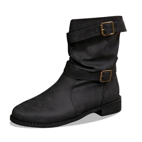 Botas de invierno para mujer, con hebilla de cuero, botas de media altura, cómodas botas sin cordones, Negro , 42 EU