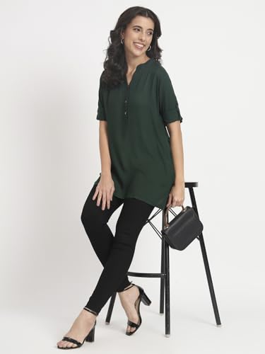 Image of Women's Roll-Up Sleeve Tunic Top, V-Neck with Button Front, Side Pockets, Rayon Short Kurti