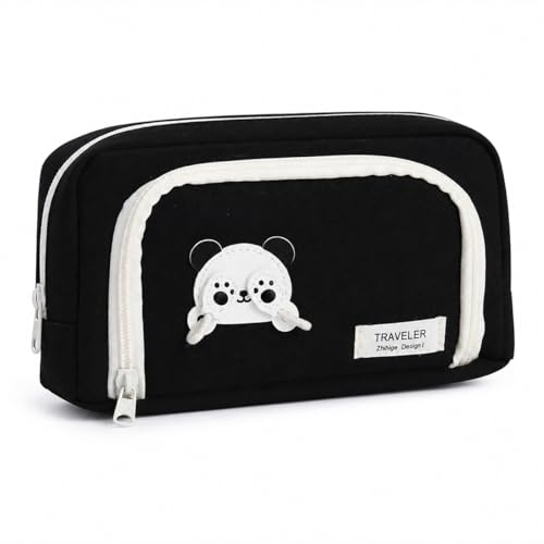 Image of Invite Enterprise Canvas Panda Themed Pencil Case With Super Large Capacity Cute Pencil Box - Aesthetic School Supplies Big Stationery Bag Zipper Pencil Pouch For Girls & Boys (Black Color)
