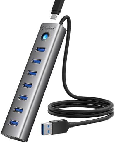 ORICO Aluminum 7-Port USB Hub with 3.28Ft Cable, Multiple USB 3.0 Hub, 5Gbps Data Transfer, 5V 3A Type-C Port, UBS-A Splitter for PC, Laptop, Desktop