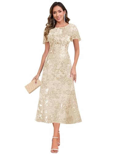 Tea Length Mother of The Bride Dress Short Sleeve A-Line Sequin Formal Evening Gowns4