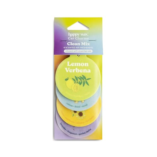 Image of Happy Wax Clean Mix Car Charms 4-Pack Included Scents: Lemon Verbena, Fresh Cotton, Happy Days, Calming Lavender