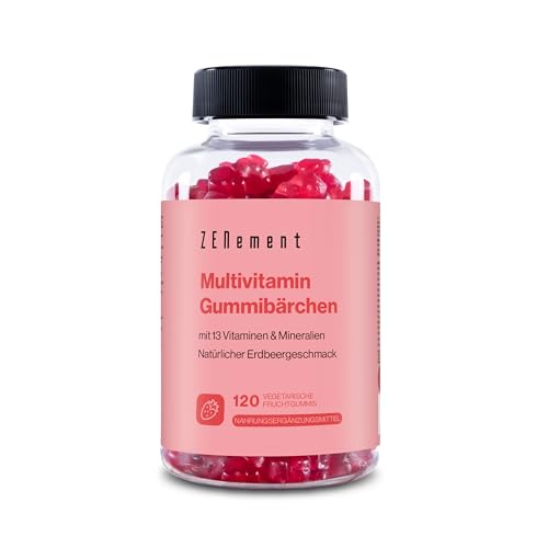 Multivitamin Gummibärchenfür Kinder 120 Stück | Gummies mit 13 Vitaminen und Mineralstoffen (Vitamin C D3 Biotin Folsäure Zink & mehr) | Mit Erdbeergeschmack | Zenement