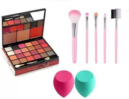 MARIE HUDA All In One Makeup Kit - Eyeshadow With Brush, Contour, Highlighter, Lip Colors, Eyebrow Powder, Blusher with 7 Pink Makeup Brushes Set and 2 Makeup Puffs