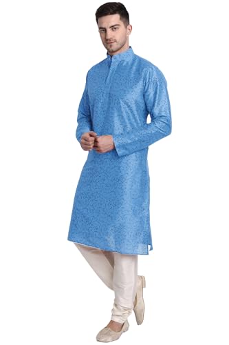 Image of Men's Art Silk Printed Kurta Pajama Set Mandarin Collar Ethnic Motifs Party Dress