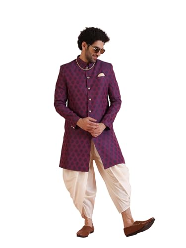 KISAH Men's Sherwani Set with Trouser – Textured Silk Blend Jacquard Ethnic Set with Mandarin Collar – Indian Wedding & Festive Wear for Diwali, Eid & Celebrations, Magenta, 40
