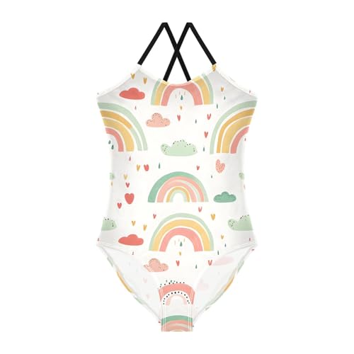 Bolaz Girls Swimsuits One-Piece Bathing Suits Multicolor Kids Sport Summer Beach Swimwear for 3-10 Years Old-White Childish Rainbow Cloud Pattern