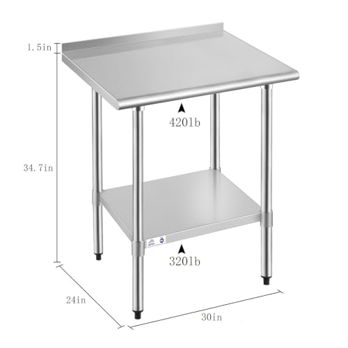 Image of ROCKPOINT Stainless Steel Table for Prep & Work with Backsplash 24x30 Inches, NSF Metal Commercial Kitchen Heavy Duty Table with Adjustable Under Shelf and Table Foot for Restaurant, Home and Hotel
