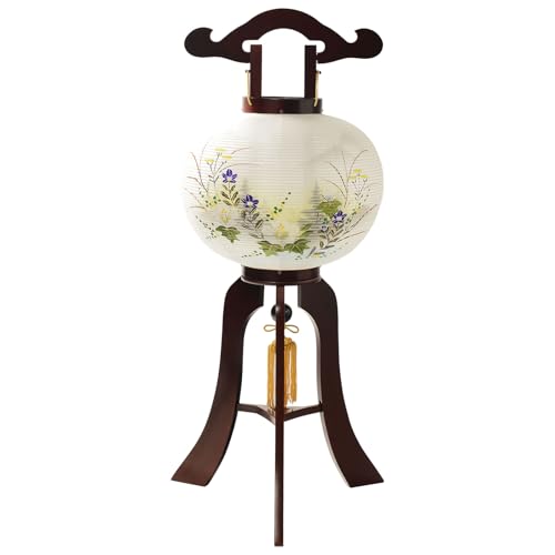仏縁堂ブランド:特選限定品 お盆提灯【岐阜提灯:天然木桜塗り 本絹二重 遠山に望む白芙蓉・桔梗 電球灯 9号】小さい盆ちょうちん 行灯 盆用品 お盆飾り 新盆 初盆 色柄提灯 花柄提灯 迎え火 送り火