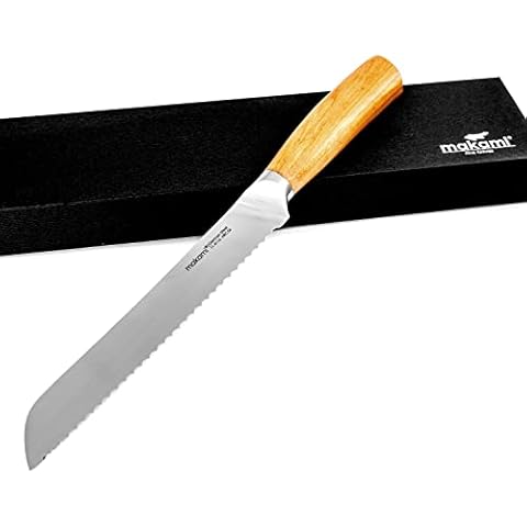 makami Cuchillo de pan de acero alemán con filo ondulado y mango de madera de olivo Cover