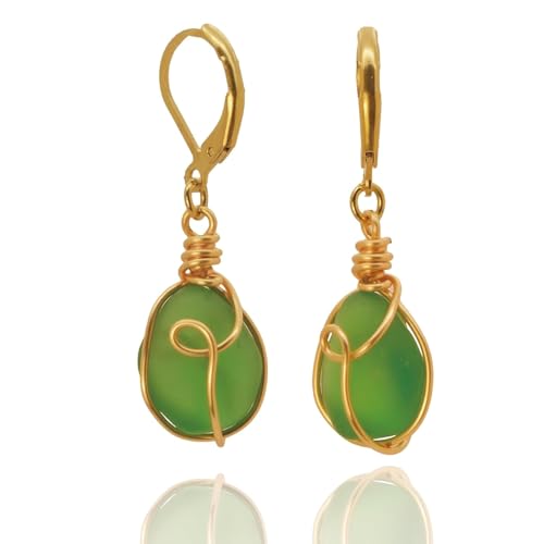 Image of PEPELUALI Handmade 14K Gold Sea Glass Wire Wrap Drop Earrings Jewelry (Green),Beach Earrings, Summer Gift, Ocean Jewelry Inspirational Gifts for Women, Mom, Sister