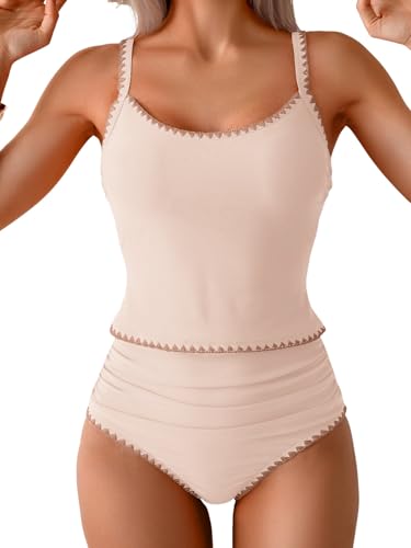 Image of Eomenie Tankini Swimsuit for Women Tummy Control Ruched Two Piece Bathing Suits High Waisted Shell Stitch Swimwear