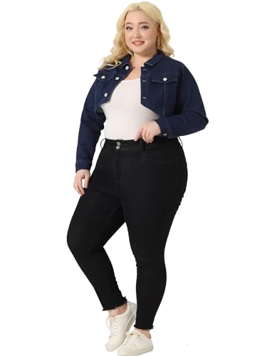 Agnes Orinda Plus Size Denim Jacket for Women Long Sleeve Washed Button Jean Crop Denim Jackets3