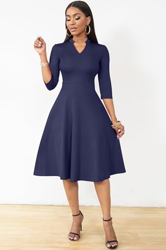 Image of Nmoder Casual Dresses for Women Semi Formal Fit and Flare 3 /4 Sleeve A-line Church Work Dress with Pockets