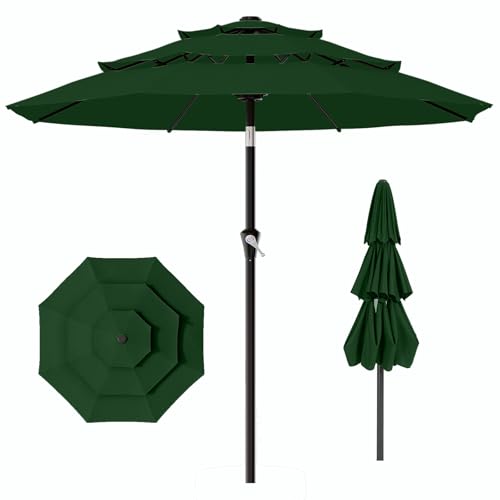 Image of AreShark 9ft 3-Tier Patio Umbrellas, Outdoor Umbrella with 8 Sturdy Ribs UV Protection Windproof, Market Table Umbrella w /Push Button Tilt & Crank for Pool, Porch, Deck, Garden(Dark Green)