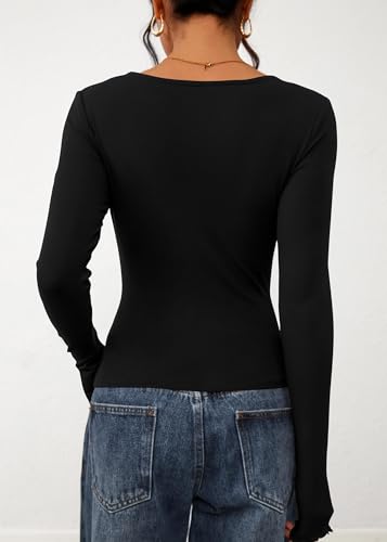 KIRUNDO Womens Tops Boat Neck Long Sleeve Ribbed Knit Slim Fit Stretch Shirts Workout Going Out Top Early Fall Fashion2