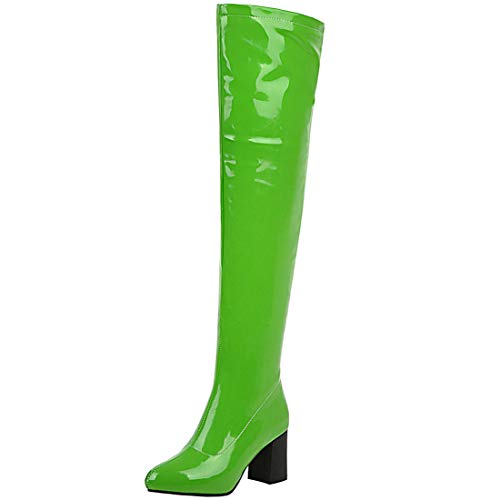 MAVMAX Women's Chunky Heels Thigh High Patent Leather Boots Platform Over The Knee Boots