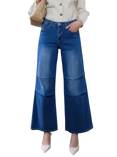 ONESO Womens Wide Leg Jeans Mid Waist Trendy Baggy Pleated Leg Jeans for Women Stretchy Denim Jean3