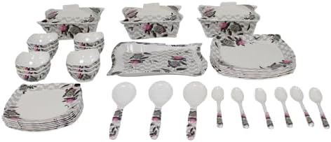 Melamine Dinner Set Aalishan Heavy White Print With 40 pc set -6 full plate, 6pc Half plate, 1 Rice Tray, 12 pc Veg/Soup Bowl, 3 pc Donga/Serving Bowl With 3 lid,3pcs Serving Spoon, 6 Desert Spoon