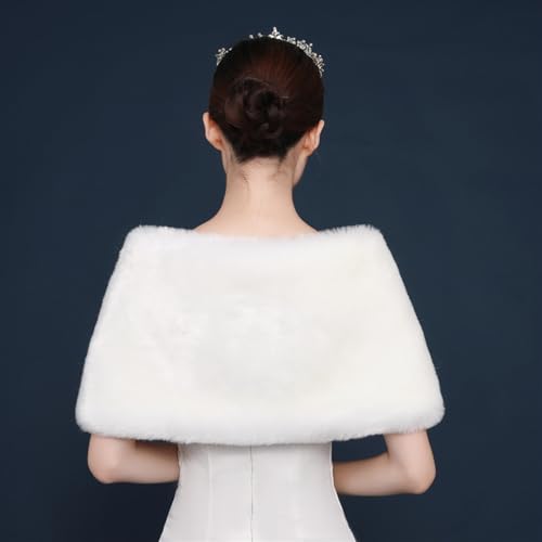 Women's Wedding Faux Fur Wraps and Shawls Winter Shrug with Brooch for Brides Bridesmaids White2