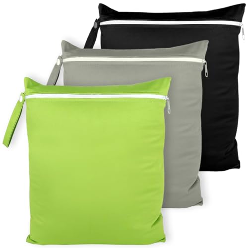 ZUPAPJO 3 Piezas 40x30 cm Wetbag, Bolsa Ropa Mojada Reutilizable con Cremallera, Bolsa Pañales Impermeable para Trajes de Baño, Ropa Sucia, Toallas de Playa y Pañales, Negro, Gris, Verde