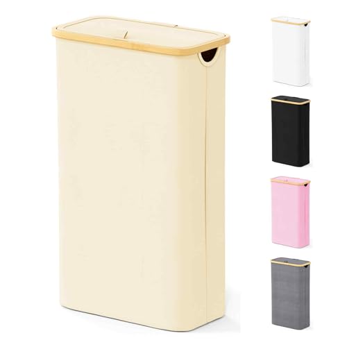 SpaceAid Slim Laundry Hamper with Lid, 65L Narrow Clothes Basket Bin with Bamboo Handles, Skinny Tall Collapsible Hamper for Bedroom, Bathroom, Dorm, Laundry Room - Beige
