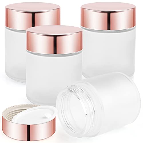 4 Pack 200g/7oz Frosted Glass Jars Empty Cosmetic Pot Refillable Cream Container Bottle with Rose Gold Lid&Inner Liner for Lotion Face Cream DIY Makeup Salve Lip Balm Toiletries