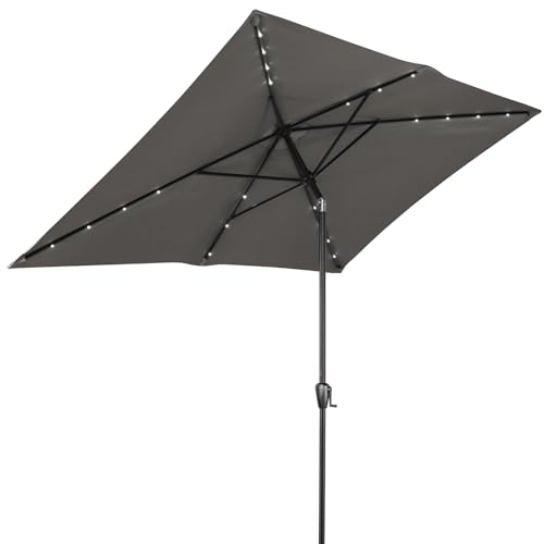 Sun-Ray Rectangular Patio Umbrella 6.6ft by 10ft with 22 Solar Powered LED Lights, Push-Button Tilt and Hand Crank Lift, Solar Umbrella with Solution Dyed Grey Fabric for Porch, Deck, and Patio