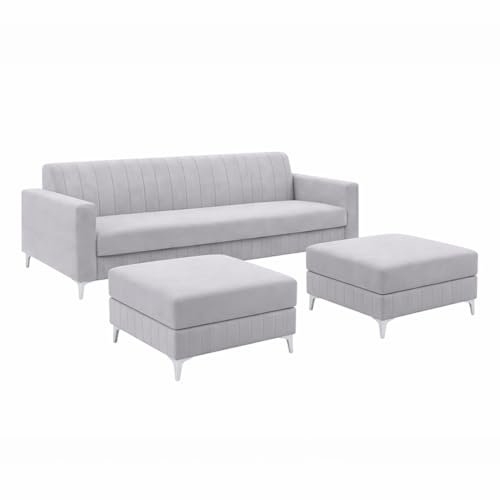 Image of Amelia 5 Seater L Shape Sofa Set with 2 Movable Ottomans | Flexible Layout | Rich Velvet Suede Fabric | Silver Legs | Spacious Seating | Modern Sofa for Living Room (Light Grey)