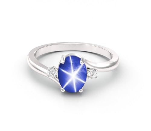 HRG Lindy Star Blue Sapphire Ring - 6 Rays, 7x5mm Oval Cabochon, Anniversary, Handmade Solitaire (Sterling Silver, Size 7)
