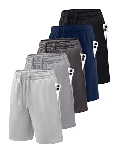 Rupy 5 Pack Boys Athletic Basketball Shorts with Pocket Kids Quick Dry Active Sports Shorts Adjustable Drawstring Waist (US Alpha Large Regular Black Navy Blue Dark Gray Gray Light Gray)