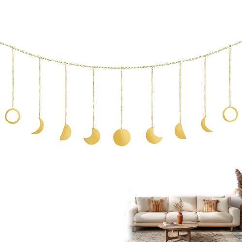 Guirlande de Phases de Lune avec chaînes, Suncatcher Pendentif en Cristal Décoration Murale Boho Bohemian Lune et Étoiles Design Unique 28x22 cm