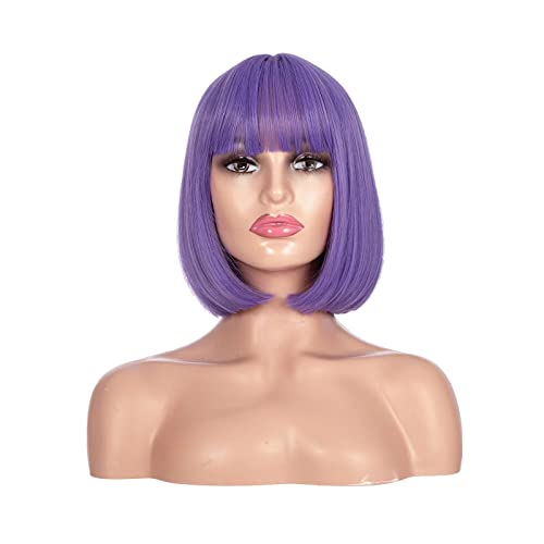 LnnZuu Purple Wig Straight Colored Short Bob Wig with Bangs for women's Costume
