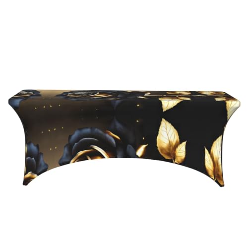Nappe élasthanne 1,8m fleurs noires dorées pour table de fête