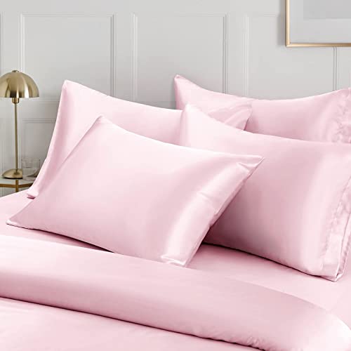 Image of Ersmak 6 Pieces Satin Duvet Cover King Size Luxury Silky Bedding Duvet Cover Set with 1 Soft Duvet Cover, 4 King Pillowcases and 1 Body Pillowcase, Blush Pink