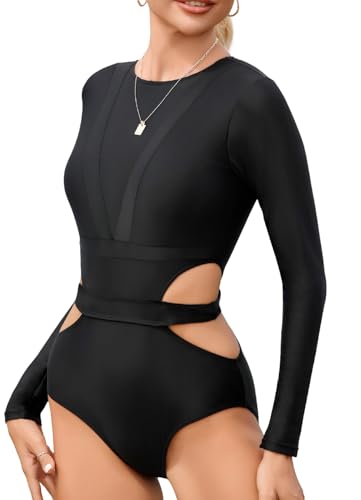 SEAUR Women's Long-Sleeve Surfing Costume Quick-Dry Rash Guard Modest One Piece Full Coverage High Neck Bathing Suit Black M