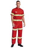 Fldy Men's Sexy Firefighter Cosplay Costume Short Sleeve Tank Jacket Pants Outfits Fireman Uniform Red Small