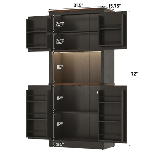 Image of 72 inch Tall Farmhouse Kitchen Pantry Cabinet with LED Light and Power Outlet,Modern Farmhouse Kitchen Storage Cabinet w Load-Bearing Steel Pipe,Barn Doors, Organizer,Food Pantry Cabinets(2PC Black)