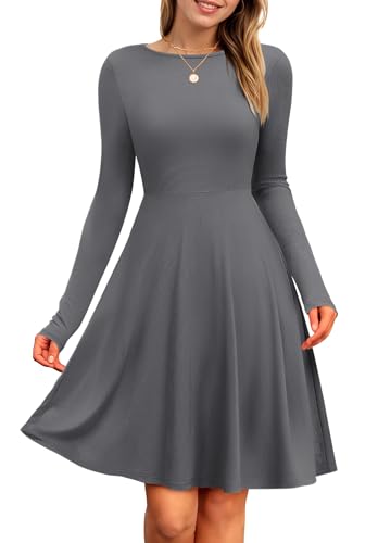 PLOKNRD Damen Strickkleid Herbst Langarm Kleider Elegant A-Linie Rundhalsausschnitt Freizeitkleid Winterkleid (Dunkelgrau,M)