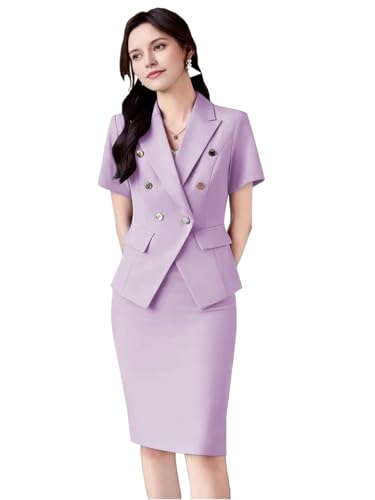 Women's Suit 2 PC Blazer Suit Short Sleeve Slim Fit Formal Suit Double Breasted Skirt Suit Fashion Summer Office Suit