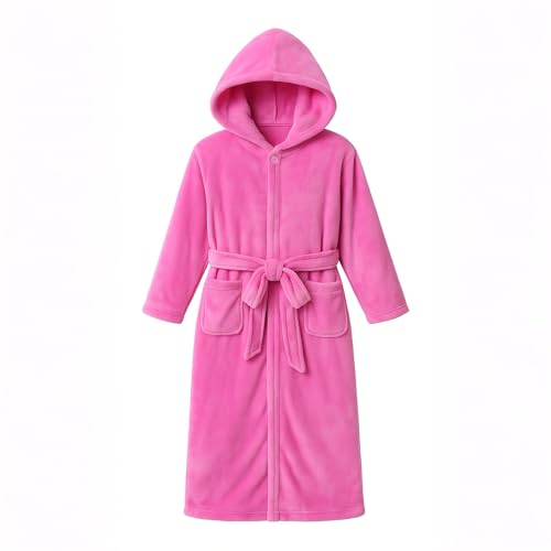 ACTLATI Girls Hooded Plush Bathrobe Full Length – Soft Fleece Robe with Belt & Pockets, Long Kids Robe for Girls Ages 3-132