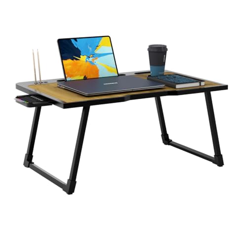 Cubiker Engineered Wood Multipurpose Foldable Laptop Table with Cup Holder | Table Home Study Writing Table, Foldable and Portable/Ergonomic Edges (Wooden, 60[L] X 40[W] X 24[H] cm)