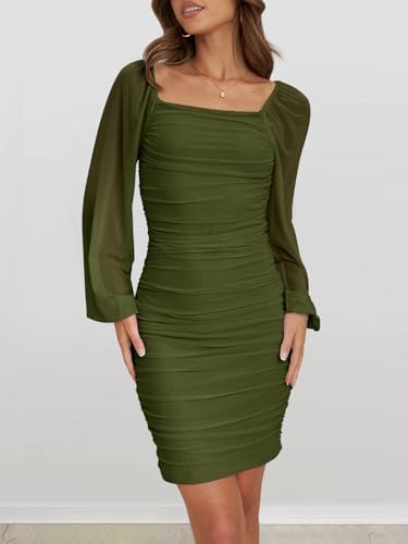 Image of MEROKEETY Women Square Neck Lantern Long Sleeve Mesh Ruched Bodycon Clubwear Mini Dress