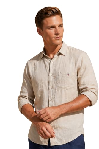 Image of Louis Philippe Men's Linen Blend Solid Shirt with Soft Handfeel & Naturally Antibacterial Finish - Holiday Wear