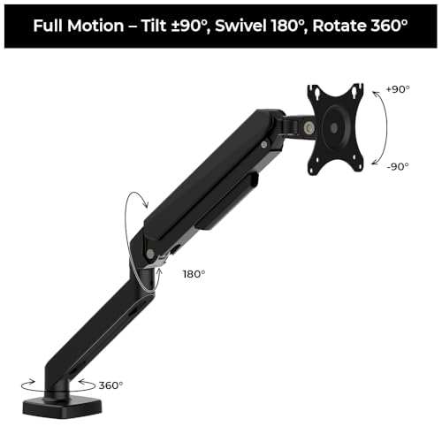 Image of Single Monitor Arm with Laptop Tray| Full Motion Adjustable Stand| Gas Spring Mount for 13-30 Inch Screens| 1 Year Warranty| VESA 75x75 /100x100 Compatible| Clamp & Grommet Base