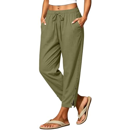 Pantalon large en coton et lin taille haute fluide pour femme